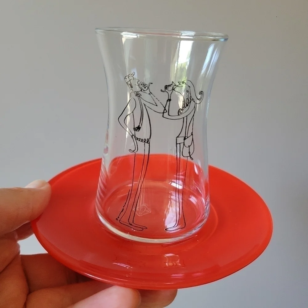Teacup Set by Cartoonist Behiç Ak 5 Glasses Turkish Narrow  6 Saucers
